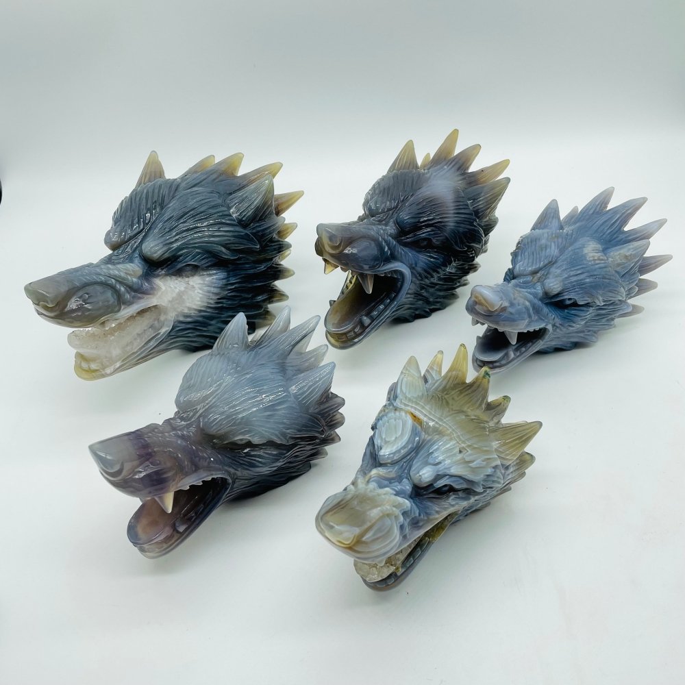 5 Pieces High Quality Geode Agate Wolf Head Carving -Wholesale Crystals