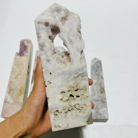 6 Pieces Large Pink Sakura Flower Agate Geode Four-Sided Points -Wholesale Crystals