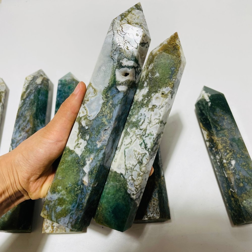 8 Pieces Large Moss Agate Tower Points -Wholesale Crystals