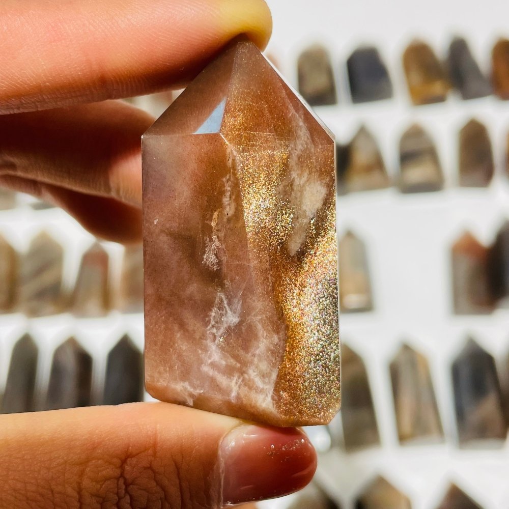 64 Pieces Black Rainbow Sun Stone With Hematite Points -Wholesale Crystals