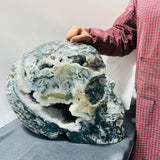 71.8kg Very Large Geode Druzy Moss Agate Skull Carving 20Inch - Wholesale Crystals