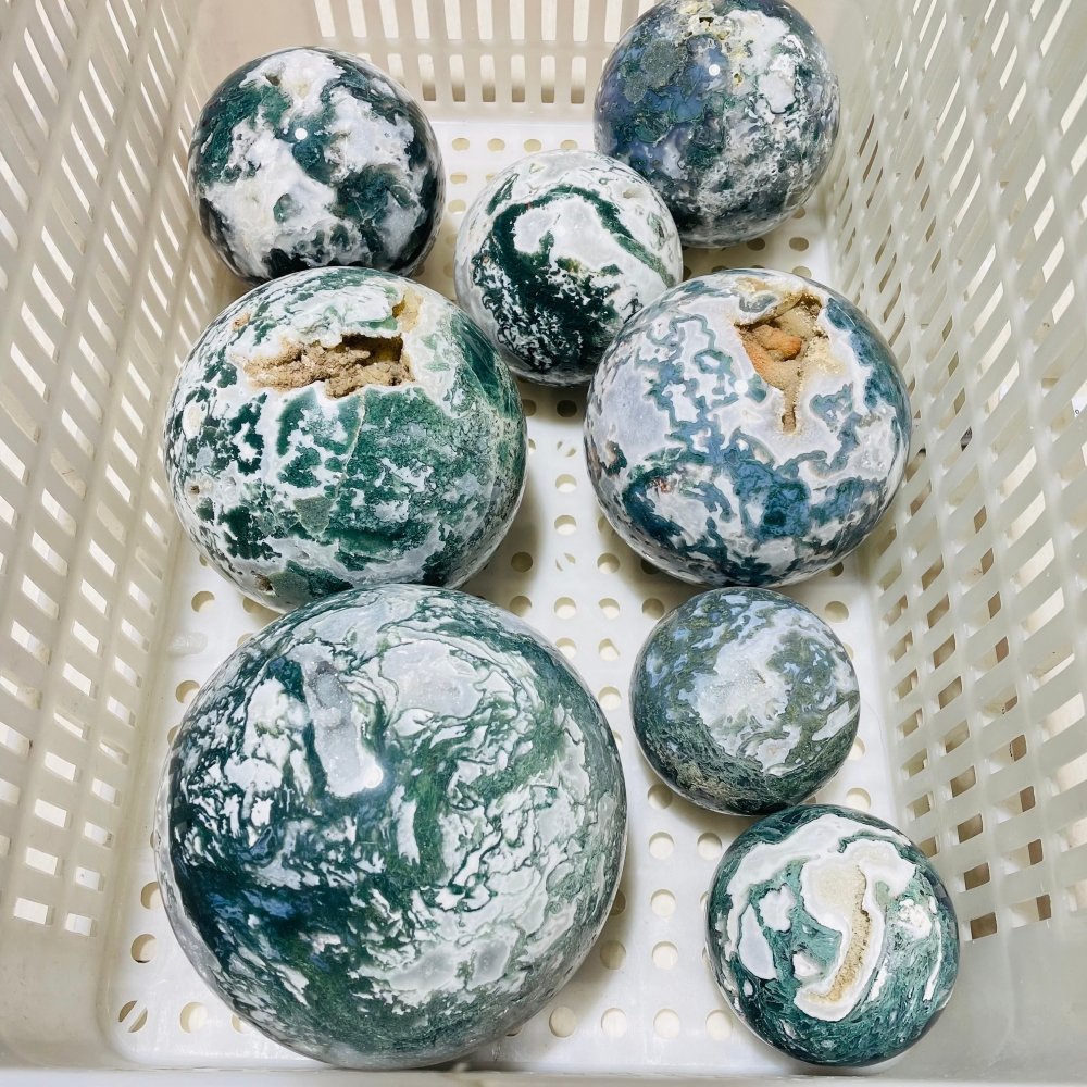 8 Pieces Large Geode Druzy Moss Agate Spheres -Wholesale Crystals