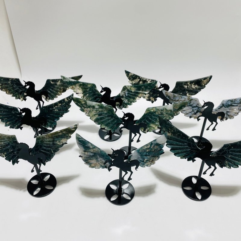 9 Pairs Moss Agate Small Pegasus Wing Carving With Stand - Wholesale Crystals