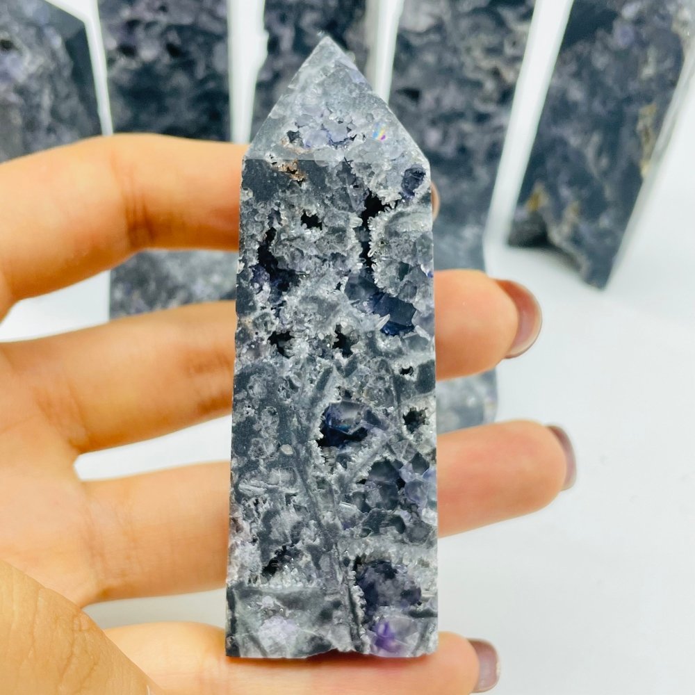 Black Sphalerite Geode Quartz Mixed Purple Fluorite Four-Sided Tower Point Wholesale -Wholesale Crystals