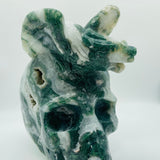 Large Moss Agate Flying Dragon Standing On Skull Carving -Wholesale Crystals