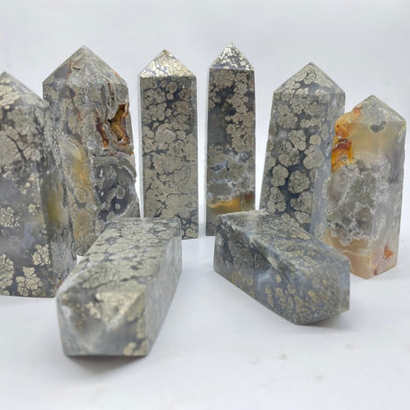 Flower Pyrite Mixed Agate Four-Sided Tower Point Wholesale -Wholesale Crystals