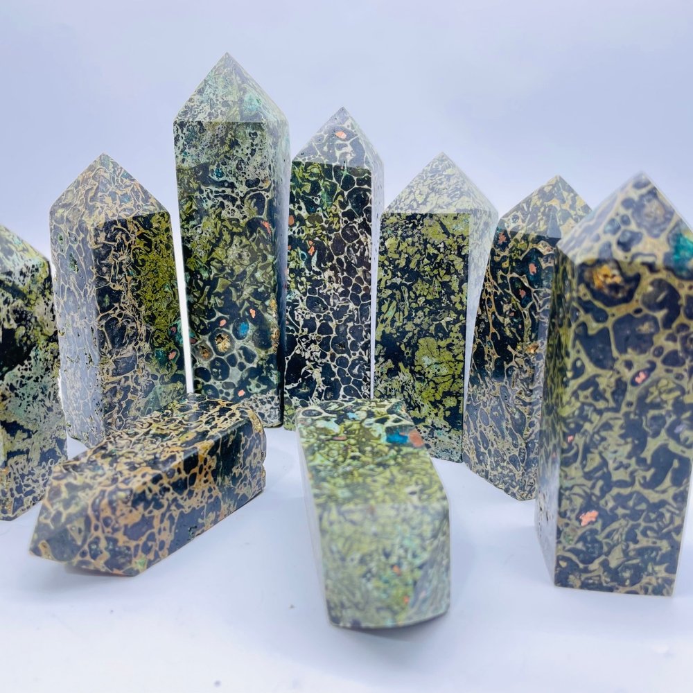 Green Dot Stone Mixed Natural Brass Four-Sided Tower Point Wholesale -Wholesale Crystals