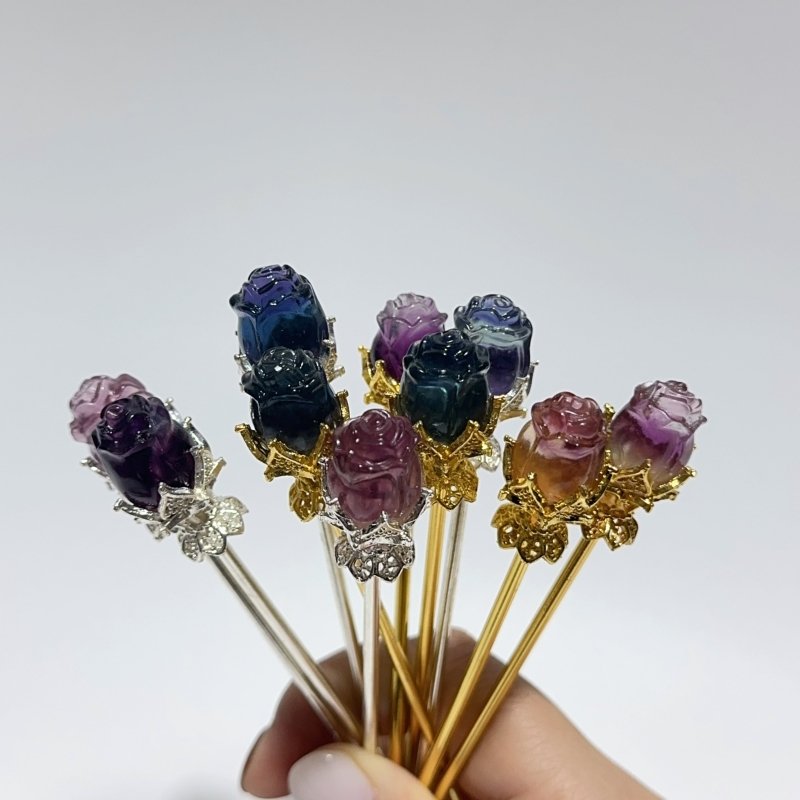 Rainbow Fluorite Rose Flower Hairpin Carving Wholesale -Wholesale Crystals