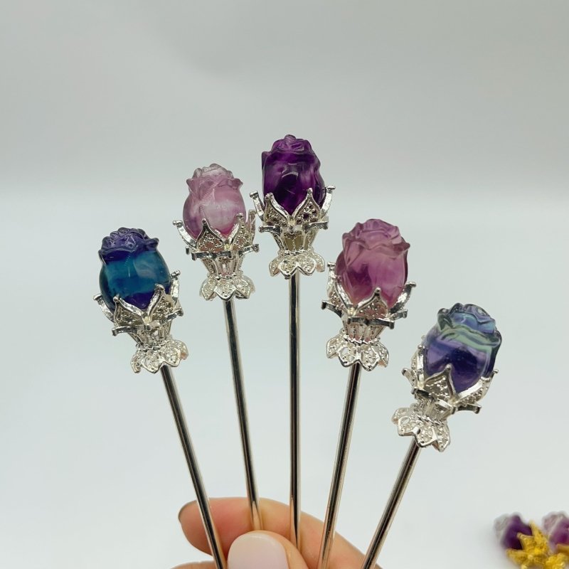 Rainbow Fluorite Rose Flower Hairpin Carving Wholesale -Wholesale Crystals